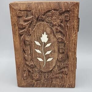 Vintage Hinged Lid Wooden Trinket Jewelry Box Ornate Floral Inlay on Top